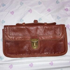 Roots Tan Leather Clutch with Gold Accent